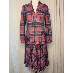 1970s Christmas Holiday Red Gray Plaid Tartan Disco Lapels Skirt Blazer Set S